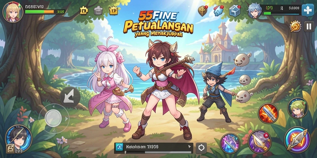 Screenshot dari gameplay 55FIVE yang penuh aksi dan warna.