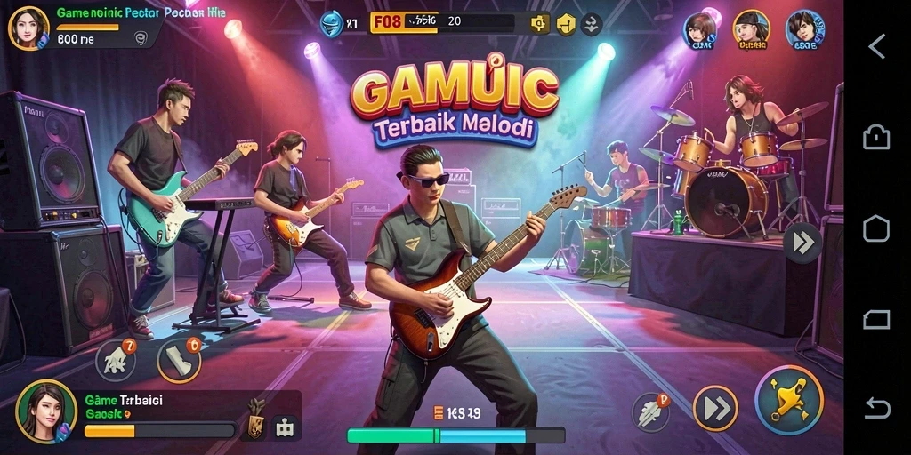 Screenshot F08 menampilkan gameplay musik yang seru dan interaktif.