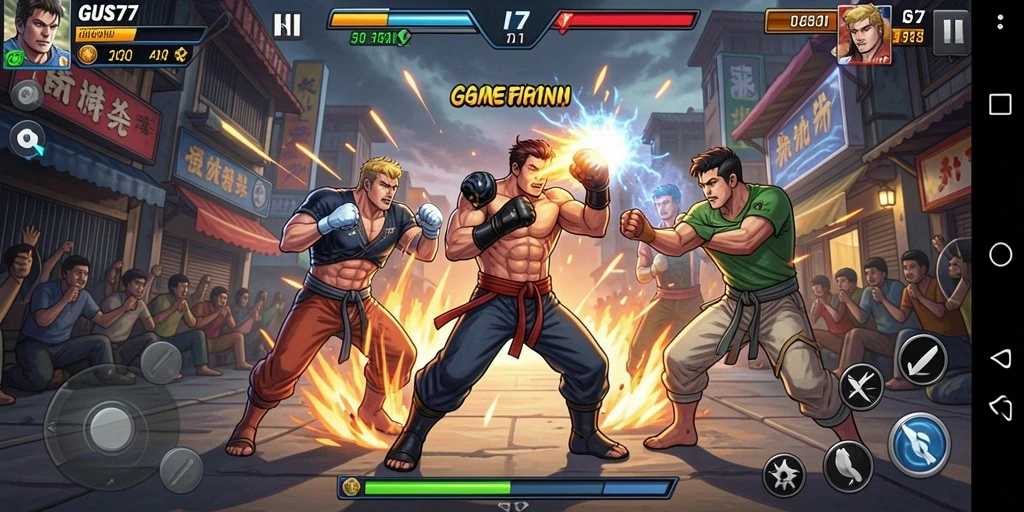 Screenshot GUS77 menampilkan pertarungan mendebarkan dengan karakter yang beraksi.
