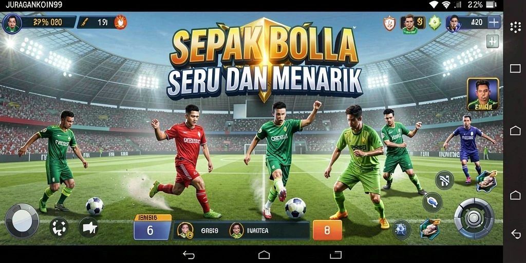 Tampilan gameplay seru di JURAGANKOIN99 saat pertandingan sepak bola.