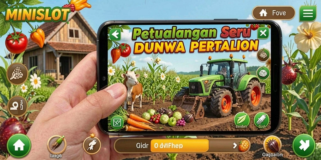 Tangkapan layar gameplay MINISLOT menunjukkan aktivitas bertani yang menyenangkan.
