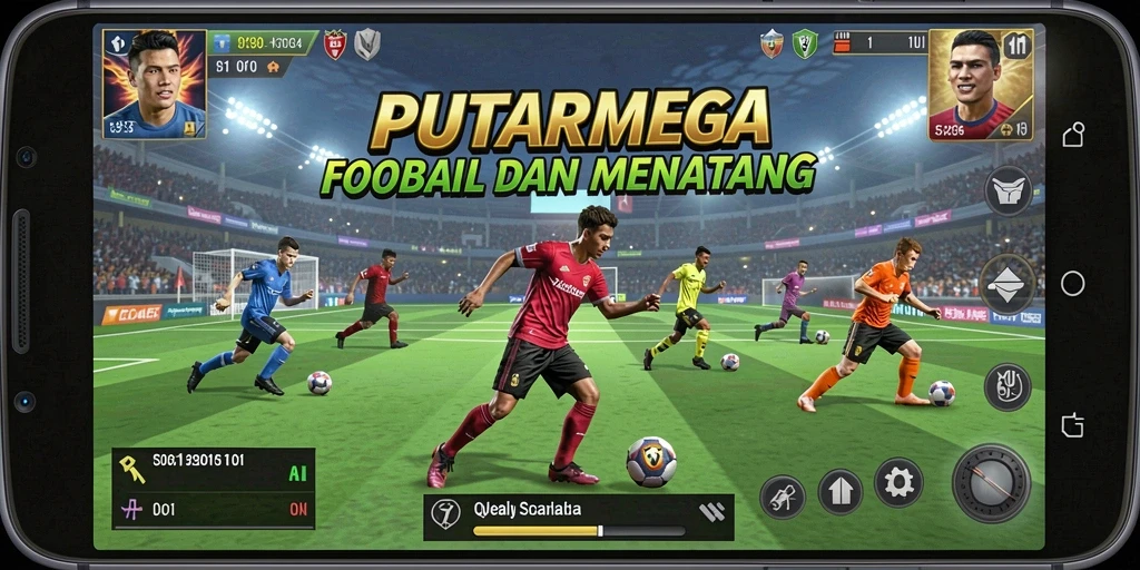Tampilan gameplay PUTARMEGA dengan aksi sepak bola yang seru.